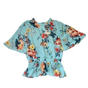 Blue Floral Womens Medium Blouse Butterfly Sleeve Elastic Waist